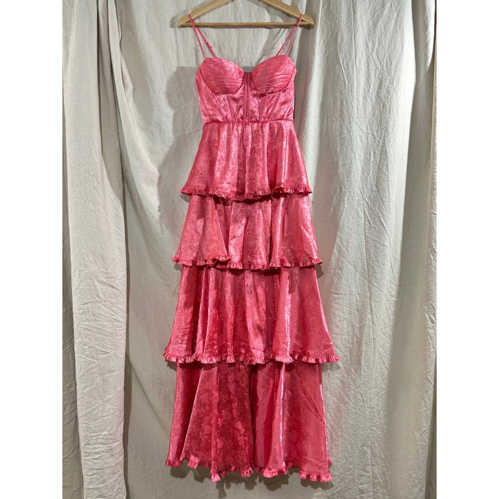 B. Darlin Pink Floral Jacquard Tiered Maxi Dress Corset Bodice High Slit 1XS